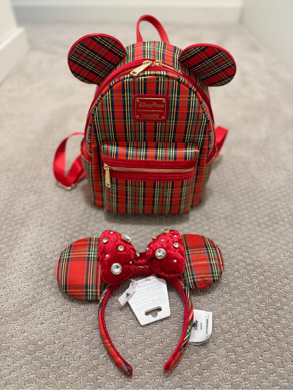 Loungefly Red Plaid Minnie Ear Mini Backpack with Matching Bow Headband